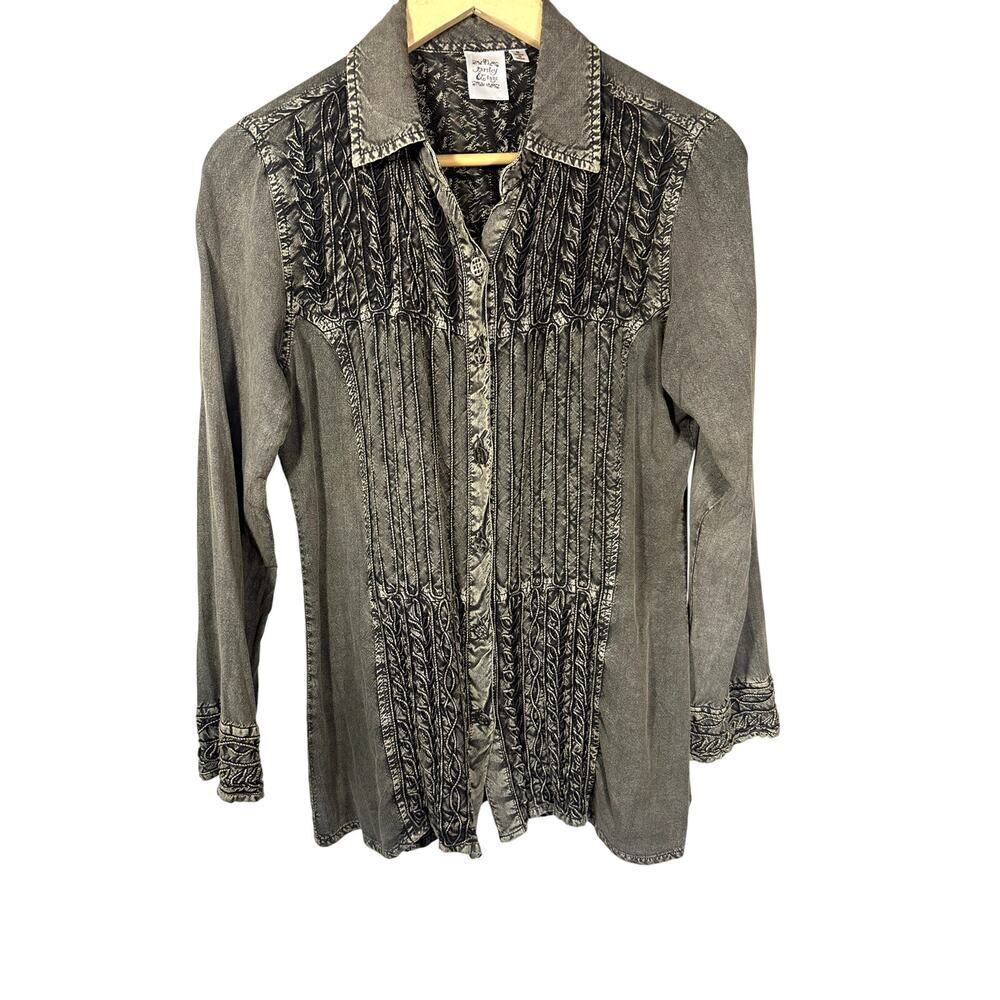 PARSLEY & SAGE Women's Embroidered Long Sleeve Button Down Top Brown Small